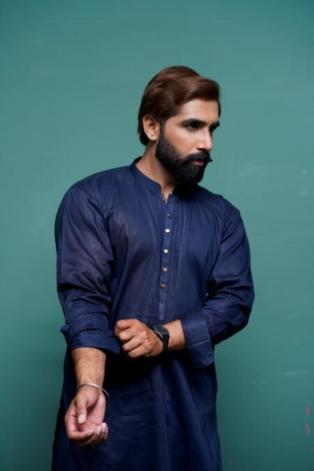 Night Blue Men's Cotton Kurta Shalwar with Taarkashi Work