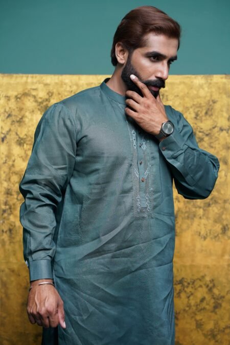 Jade Green Men's Cotton Kurta Shalwar with Taarkashi Work
